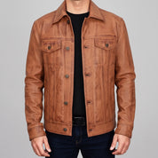 Men's Brown Leather Trucker Jacket — Dyer