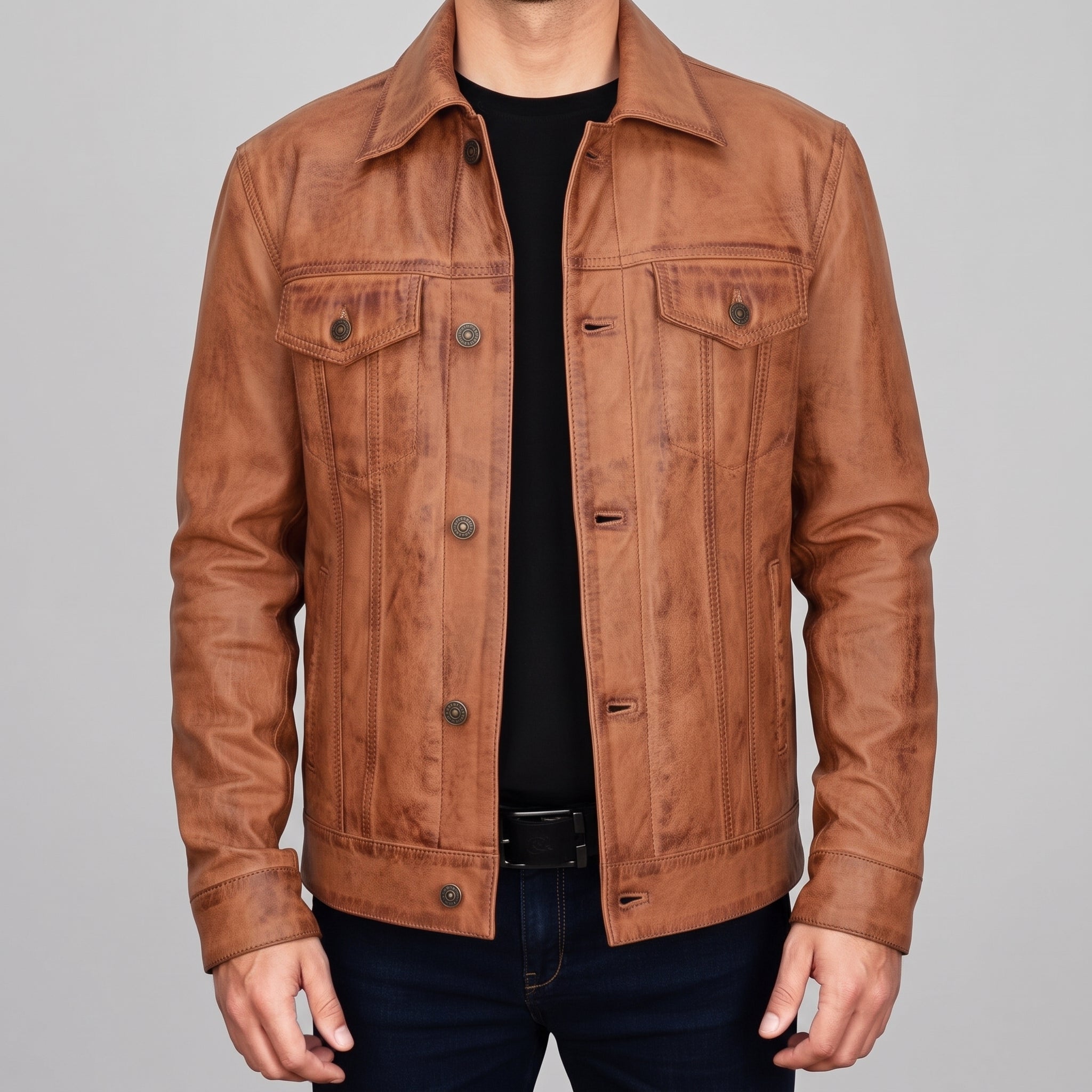 Men's Brown Leather Trucker Jacket — Dyer