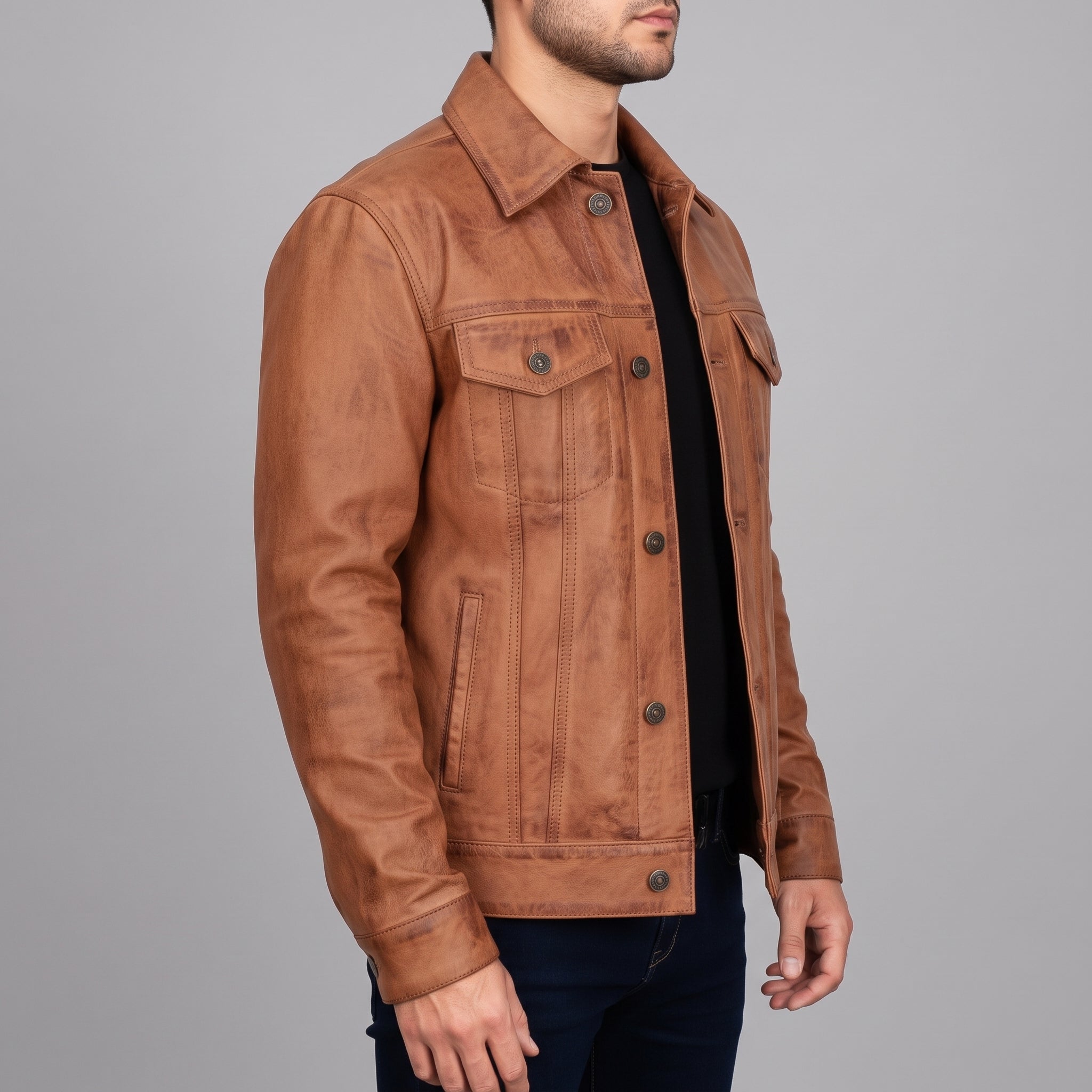 Men's Brown Leather Trucker Jacket — Dyer