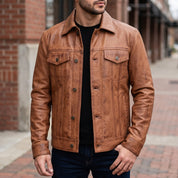 Men's Brown Leather Trucker Jacket — Dyer