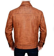 Men's Brown Leather Trucker Jacket, Men Tan Tan Genuine Leather Jacket