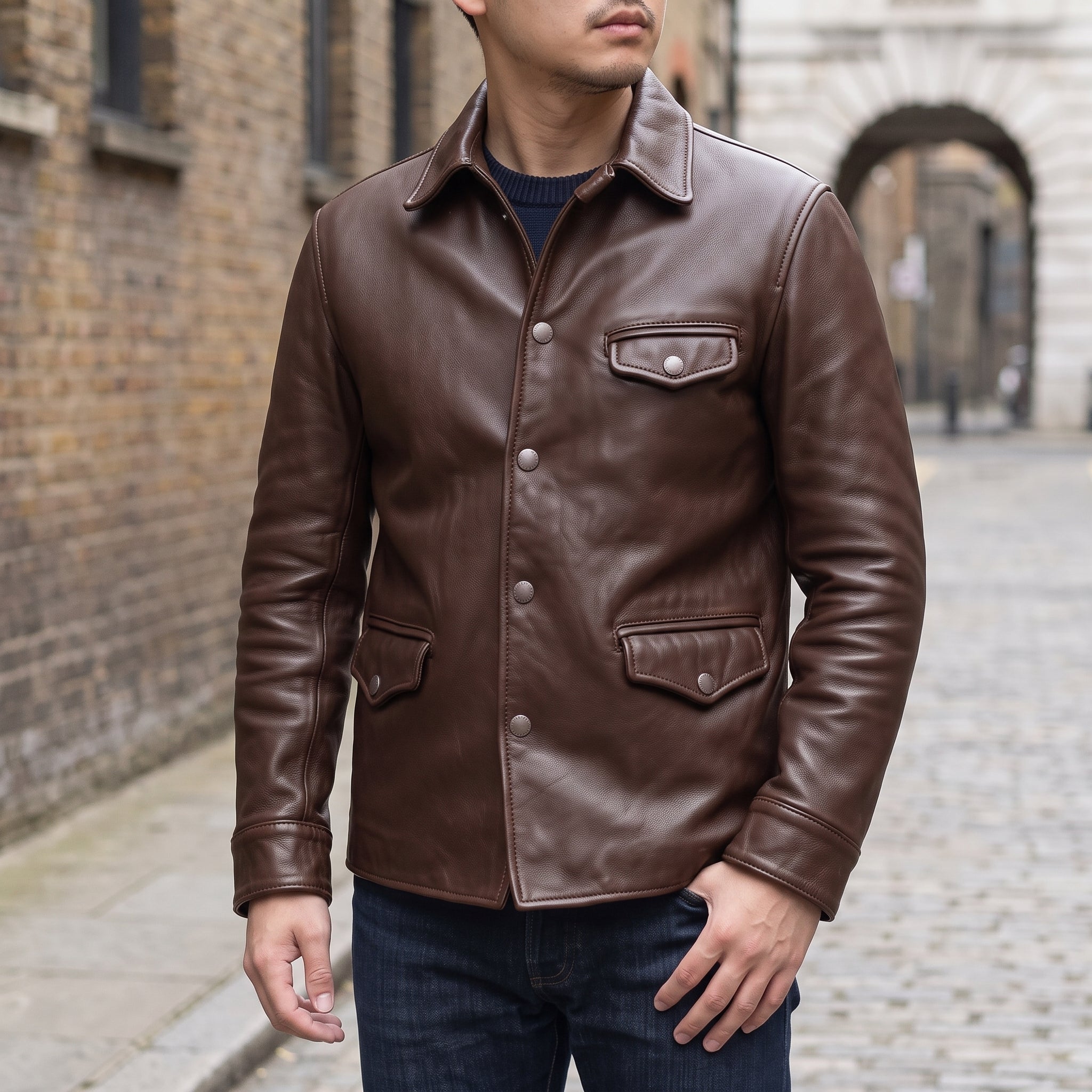 Men's Brown Leather Trucker Jacket — Moulton