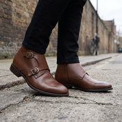 Men's Brown Plain-Toe Leather Double Monk Boots — Montford
