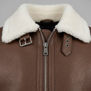 Men's Brown Pebbled Leather Shearling-Lined B-3 Bomber Jacket — Cromer