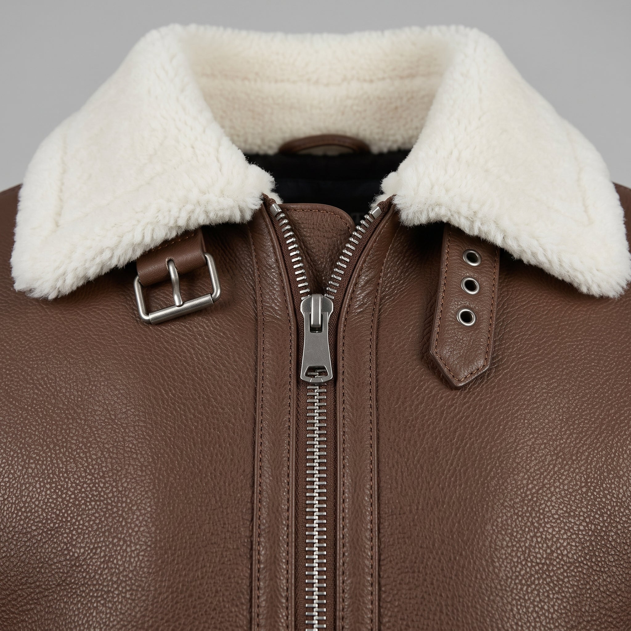 Men's Brown Pebbled Leather Shearling-Lined B-3 Bomber Jacket — Cromer