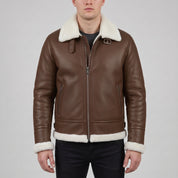 Men's Brown Pebbled Leather Shearling-Lined B-3 Bomber Jacket — Cromer