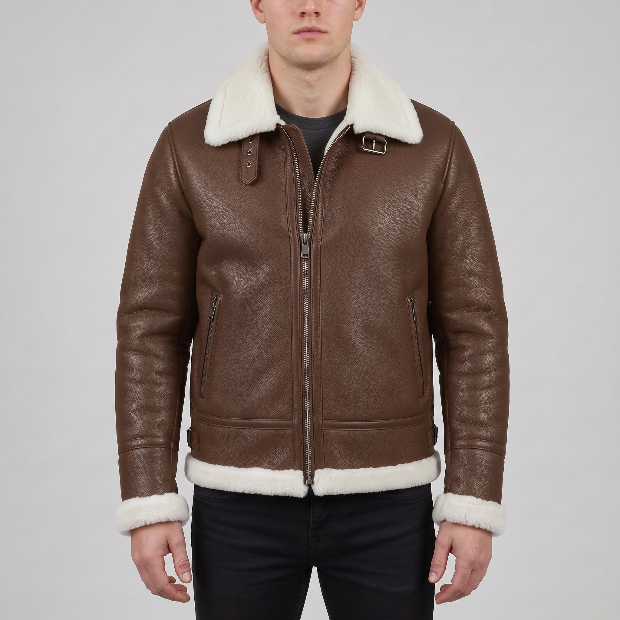 Men's Brown Pebbled Leather Shearling-Lined B-3 Bomber Jacket — Cromer