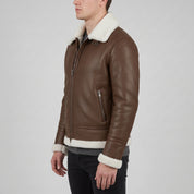 Men's Brown Pebbled Leather Shearling-Lined B-3 Bomber Jacket — Cromer