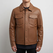 Men's Brown Pebbled Leather Trucker Jacket — Hookham
