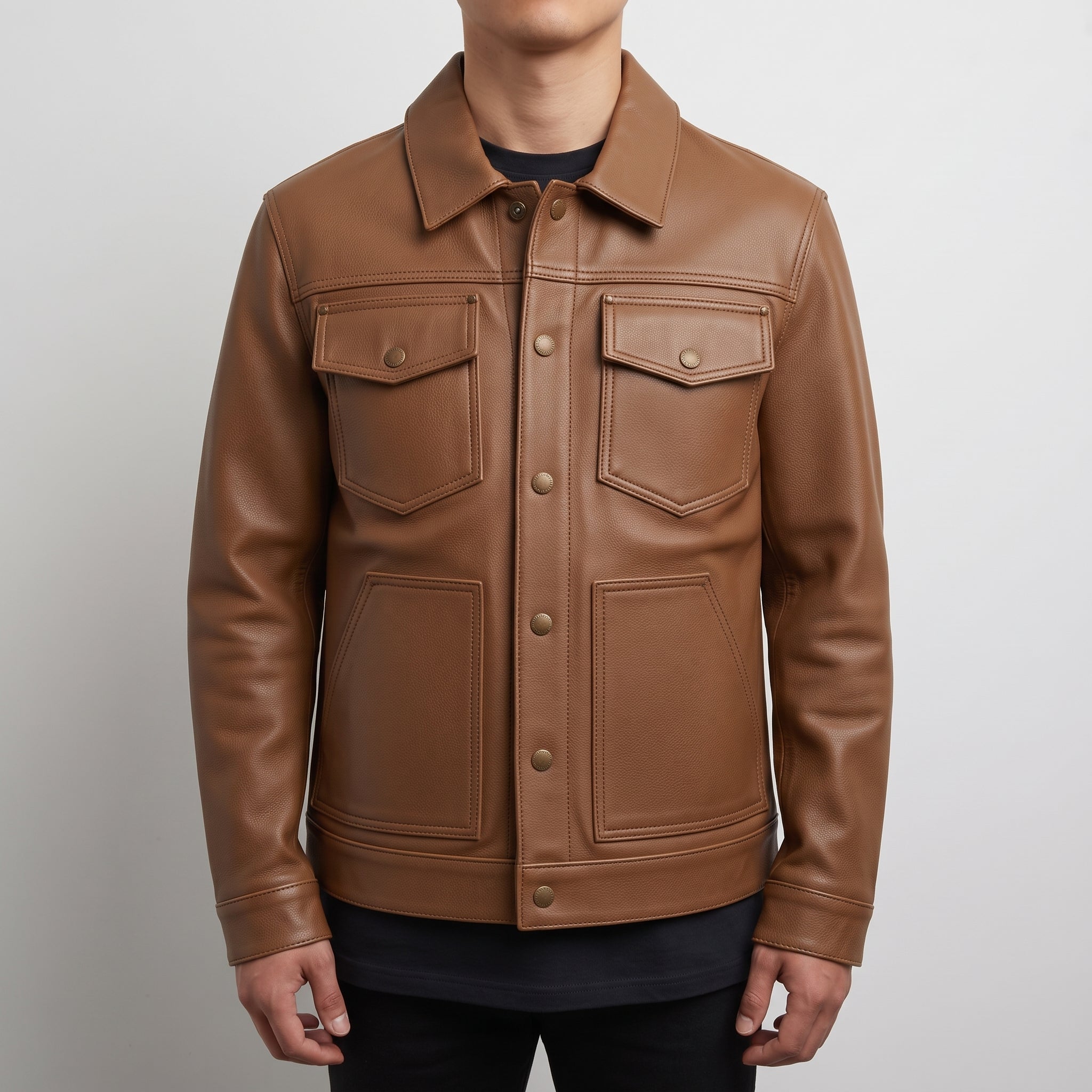 Men's Brown Pebbled Leather Trucker Jacket — Hookham
