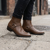 Men's Brown Plain-Toe Leather Ankle Biker Boots — Atherton