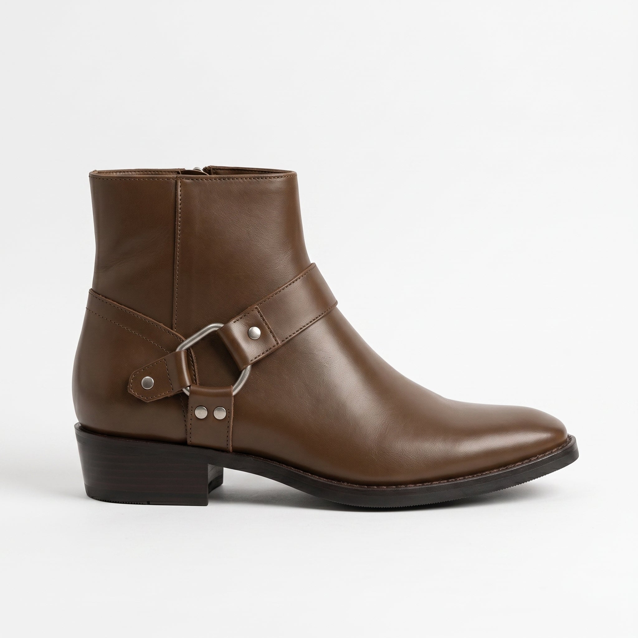 Men's Brown Plain-Toe Leather Ankle Biker Boots — Atherton