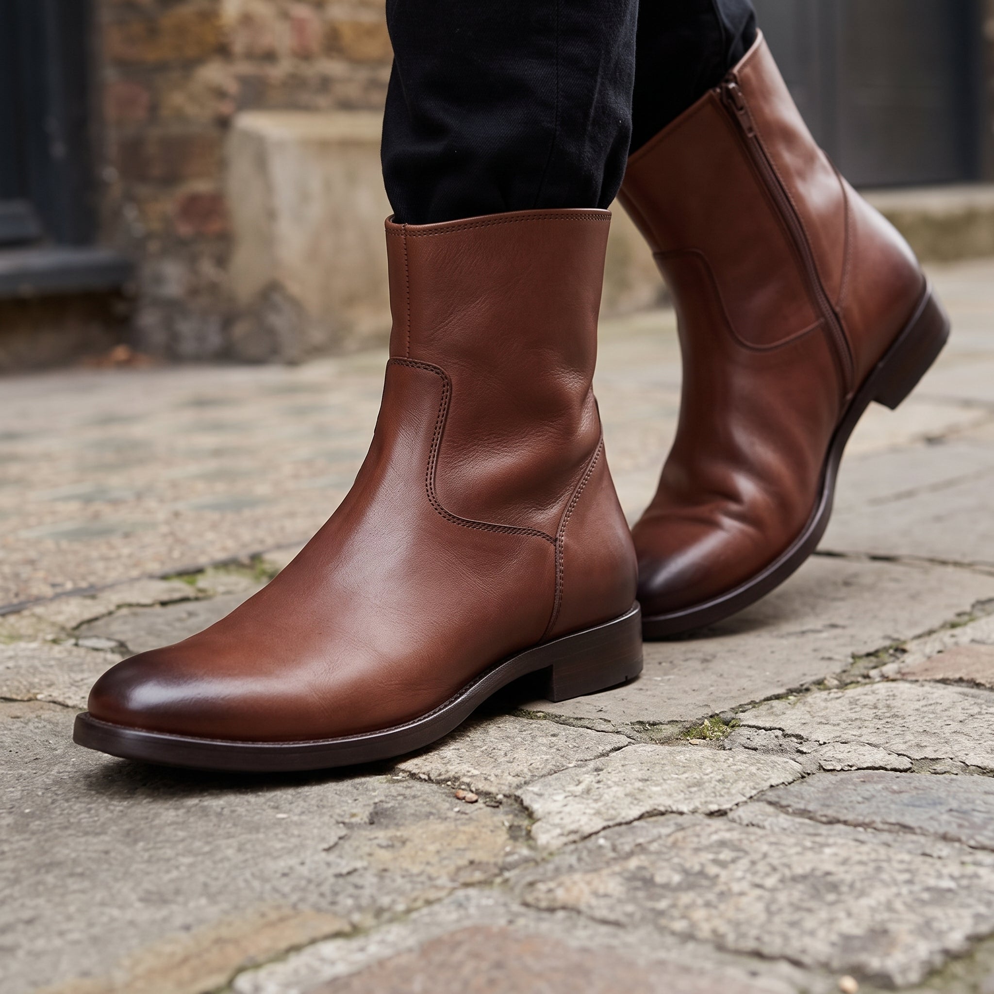 Men's Brown Plain-Toe Leather Ankle Biker Boots — Carter