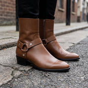Men's Brown Plain-Toe Leather Biker Boots — Hulse