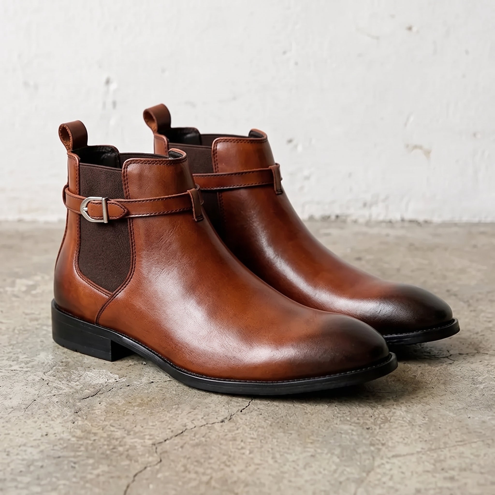 Men's Brown Plain-Toe Leather Buckled Chelsea Boots — Boyden
