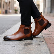 Men's Brown Plain-Toe Leather Buckled Chelsea Boots — Boyden