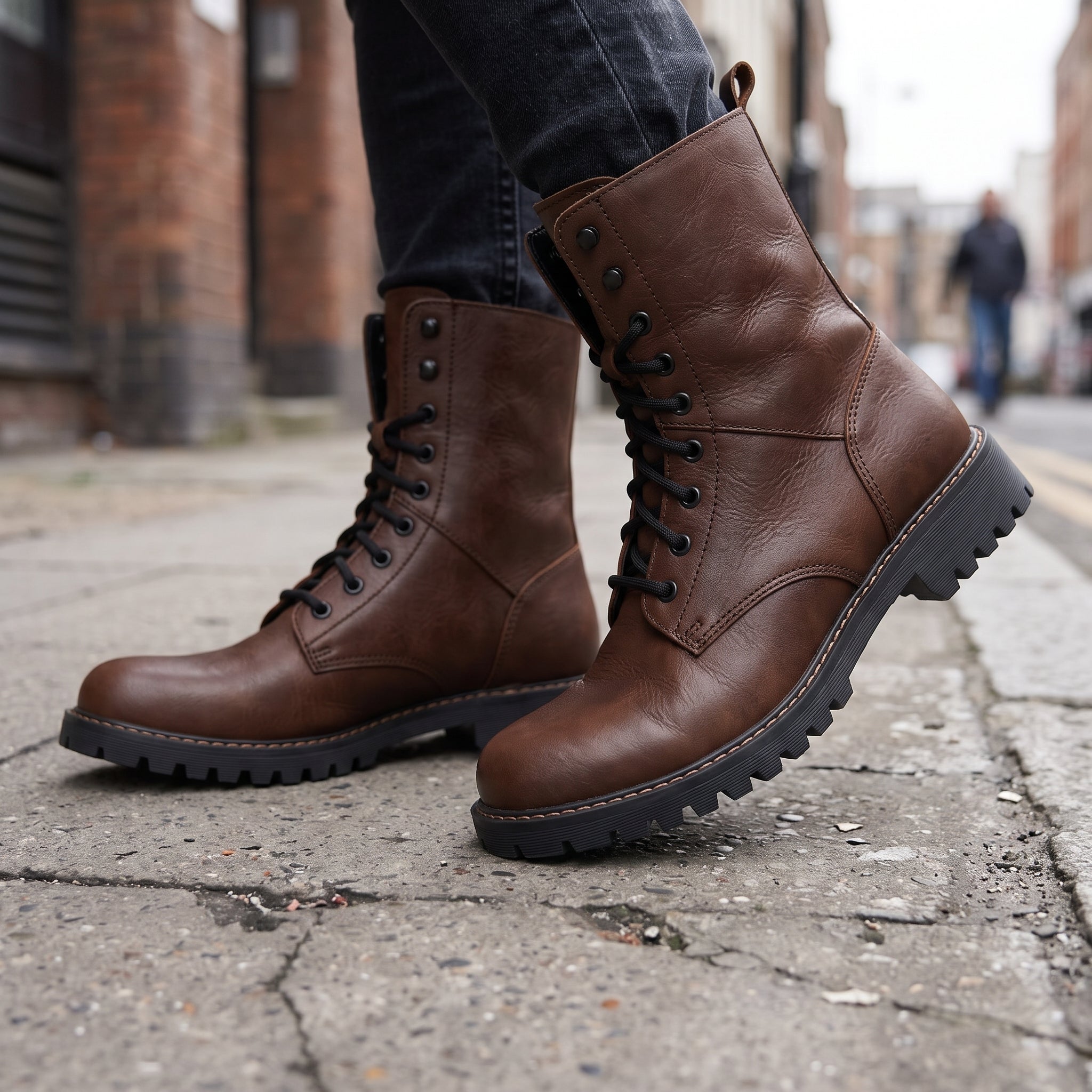 Men's Brown Plain-Toe Leather Combat Boots — Bagworth