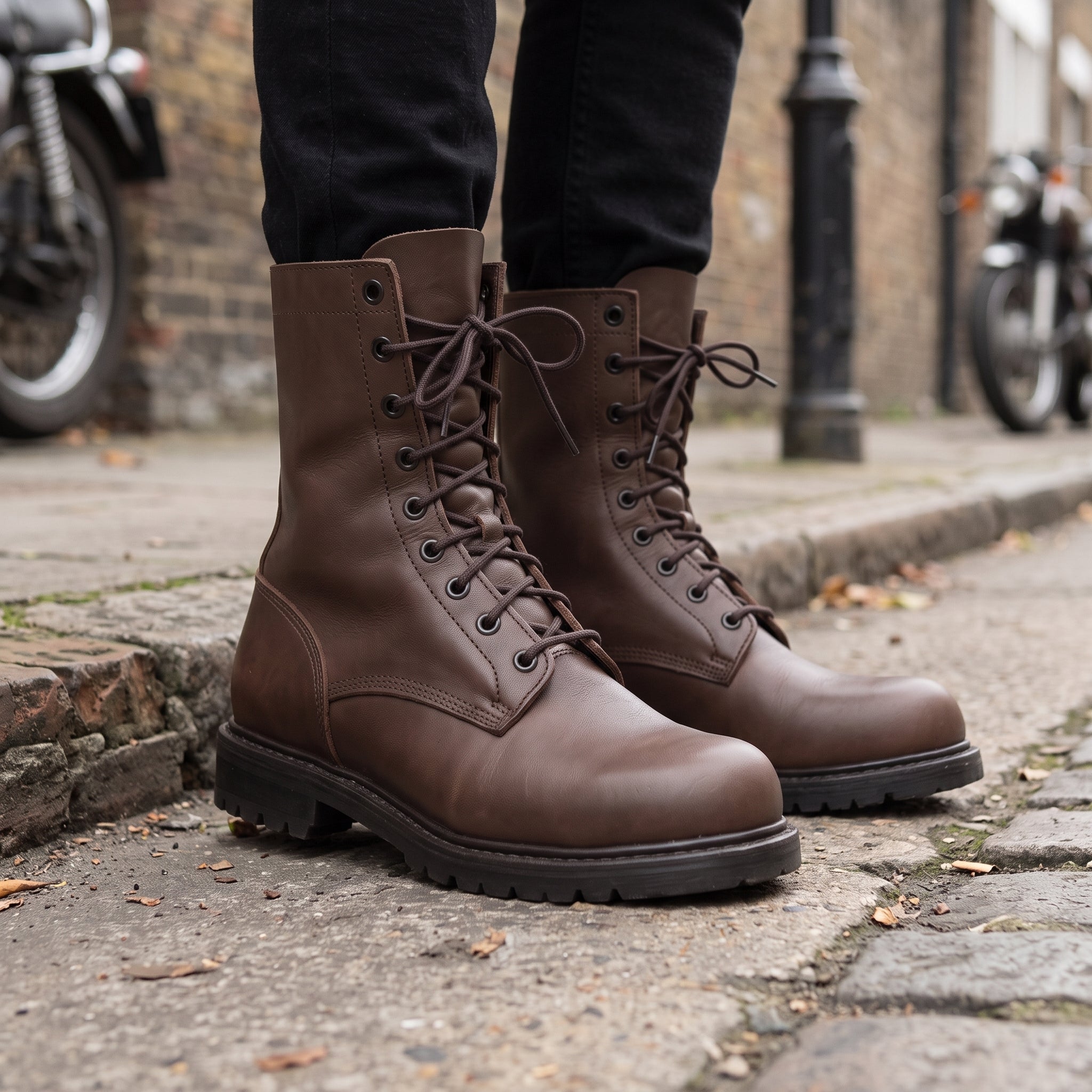 Men's Brown Plain-Toe Leather Combat Boots — Wharfedale