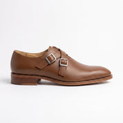 Men's Brown Plain-Toe Leather Double Monk Strap Shoes — Farlam