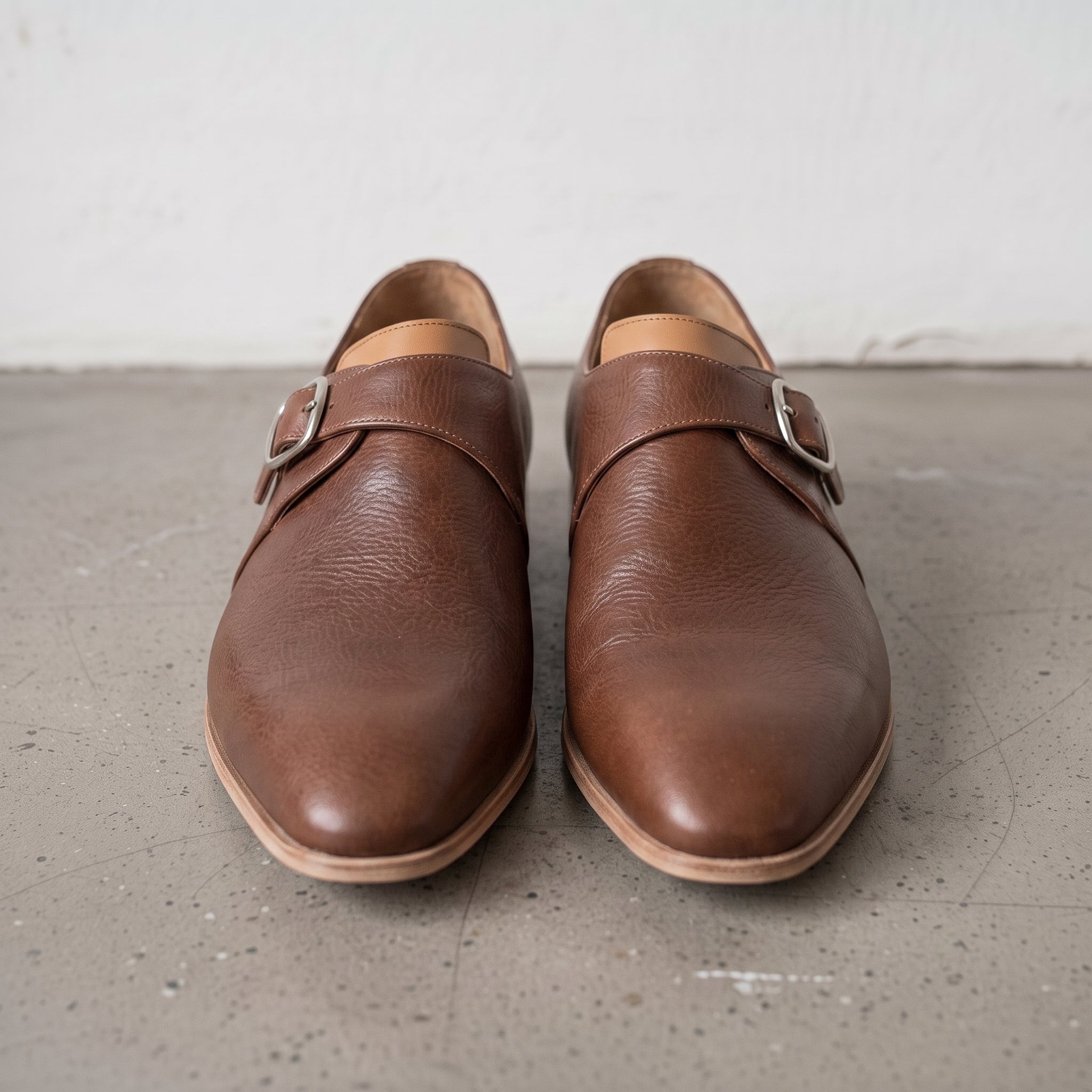 Men's Brown Plain-Toe Leather Monk Strap Shoes — Attley