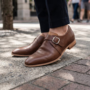 Men's Brown Plain-Toe Leather Monk Strap Shoes — Attley