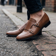 Men's Dark Brown Plain-Toe Leather Monk Strap Shoes — Bindon