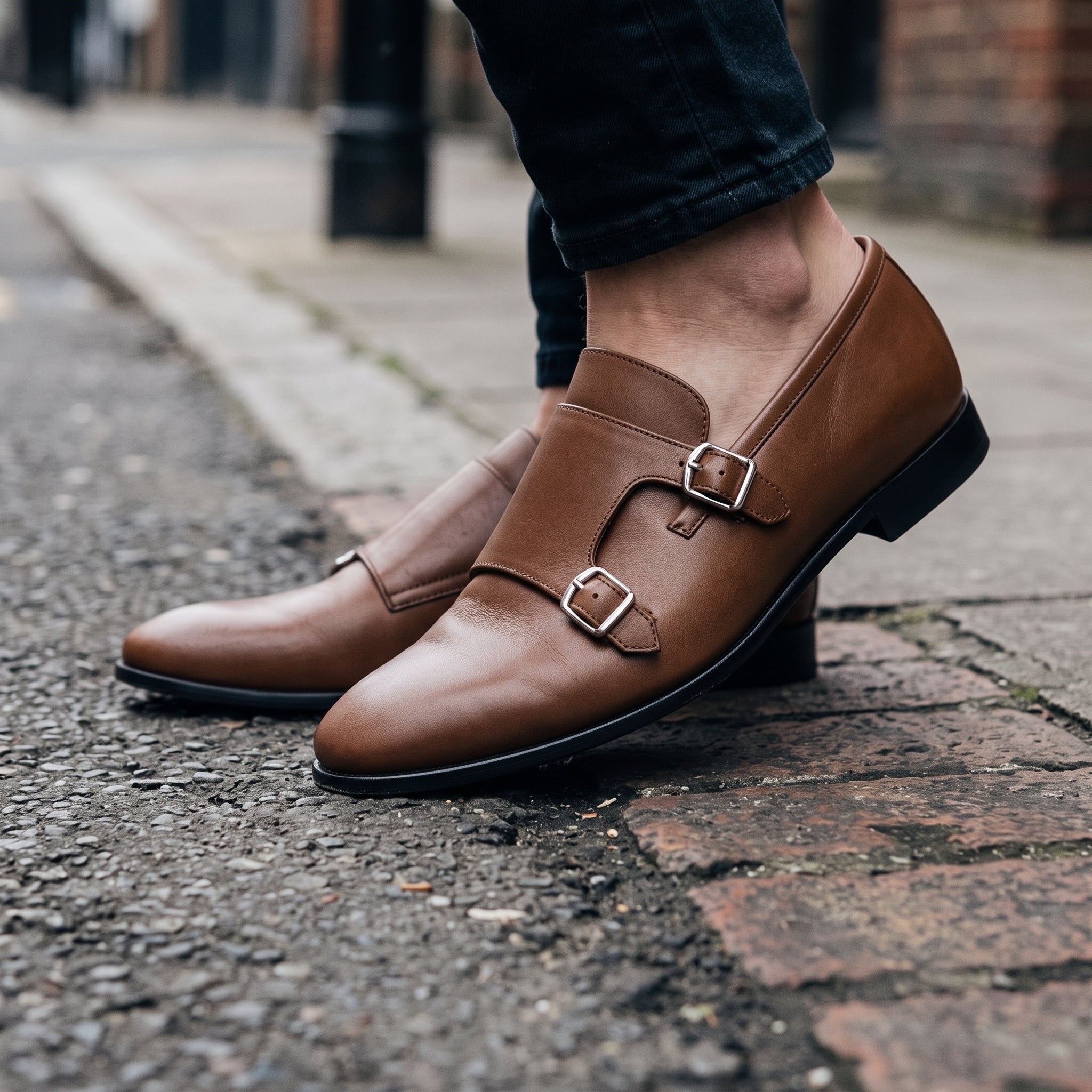 Men's Dark Brown Plain-Toe Leather Monk Strap Shoes — Bindon