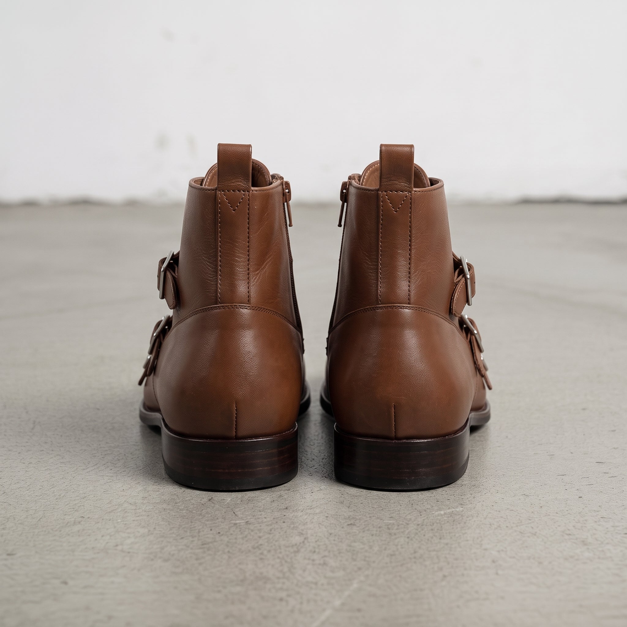 Men's Brown Side-Zip Leather Double Monk Ankle Boots — Fovant