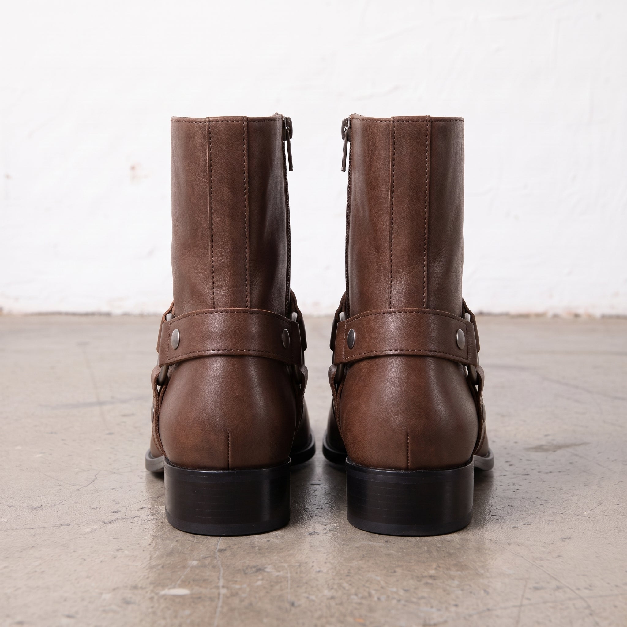 Men's Brown Plain-Toe Leather Zip Harness Boots — Barwood