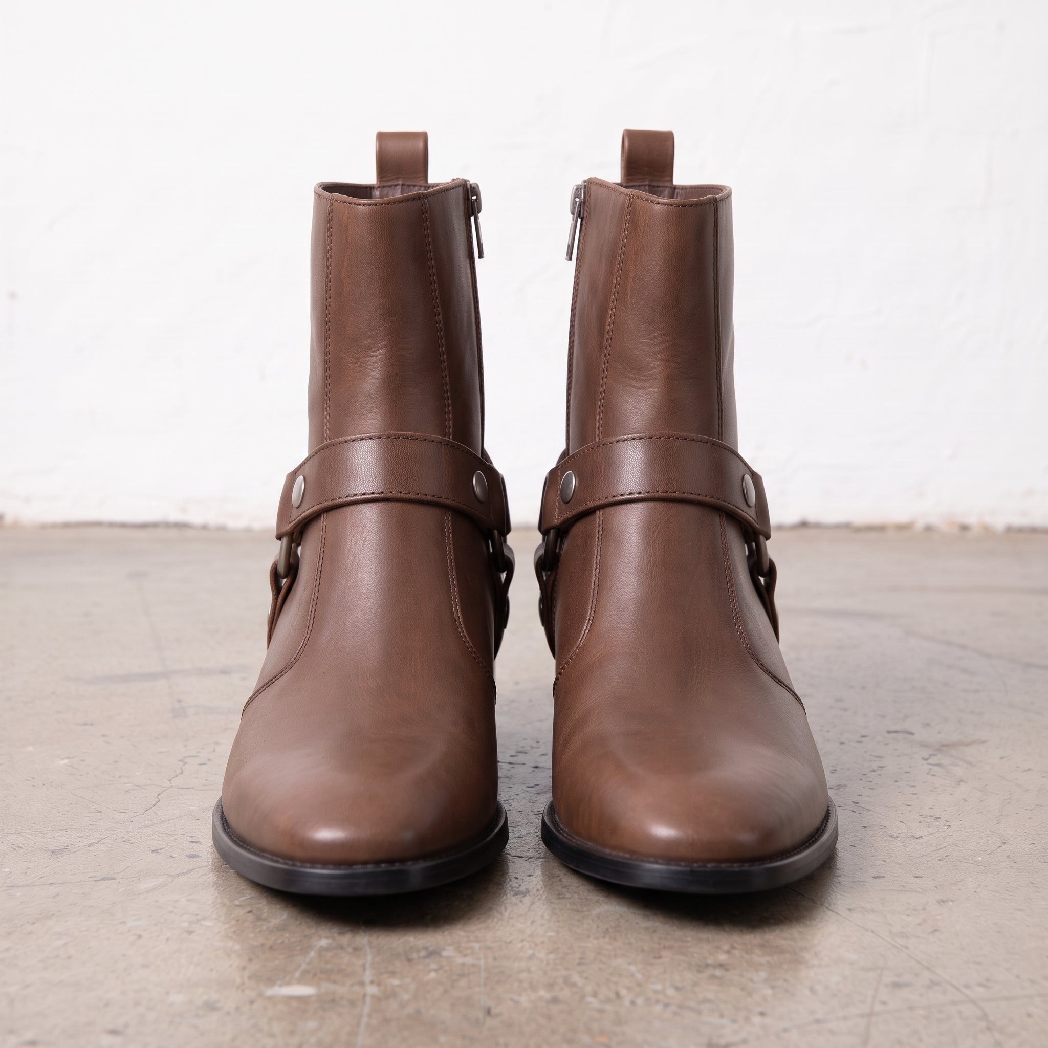 Men's Brown Plain-Toe Leather Zip Harness Boots — Barwood