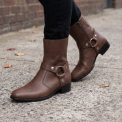 Men's Brown Plain-Toe Leather Zip Harness Boots — Barwood