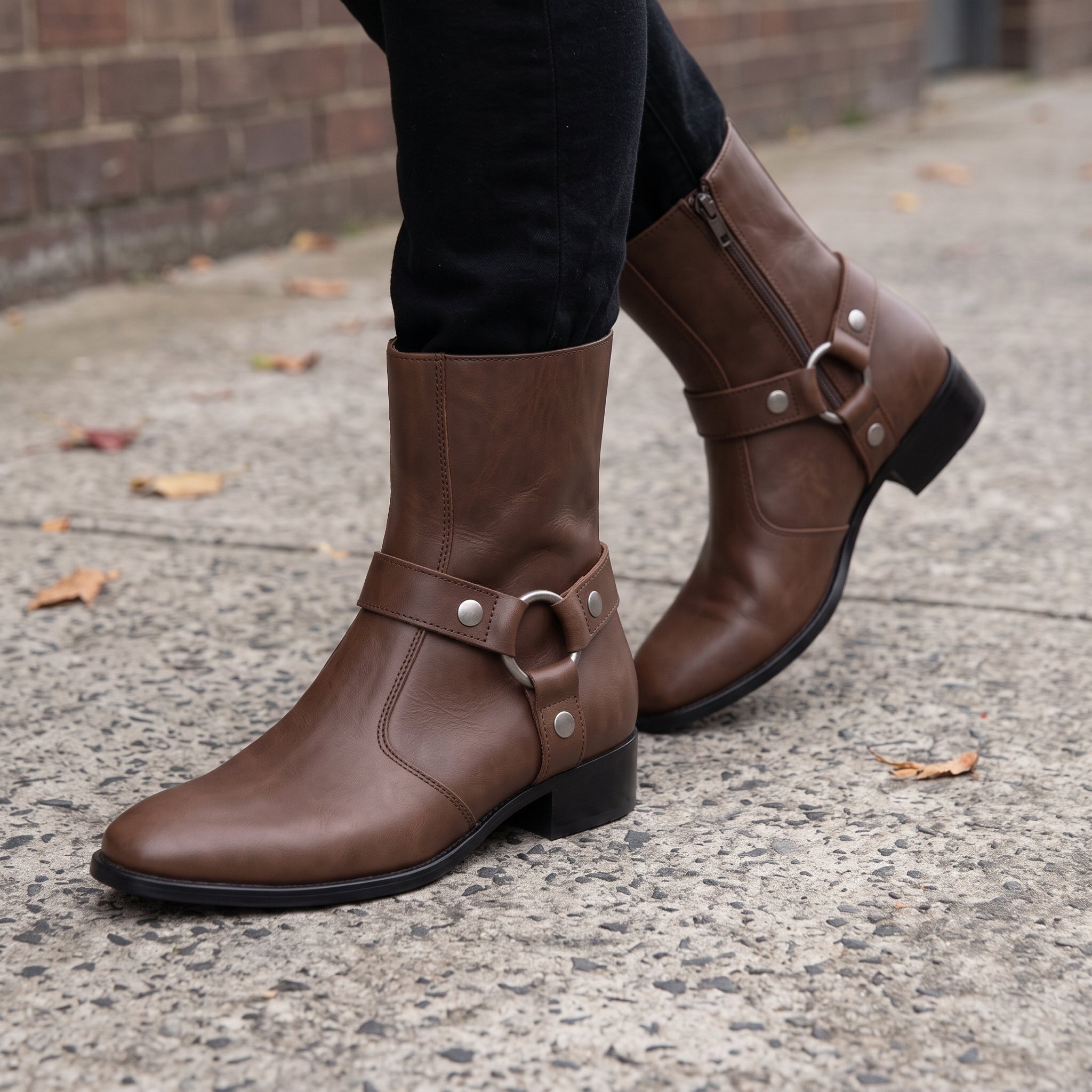 Men's Brown Plain-Toe Leather Zip Harness Boots — Barwood