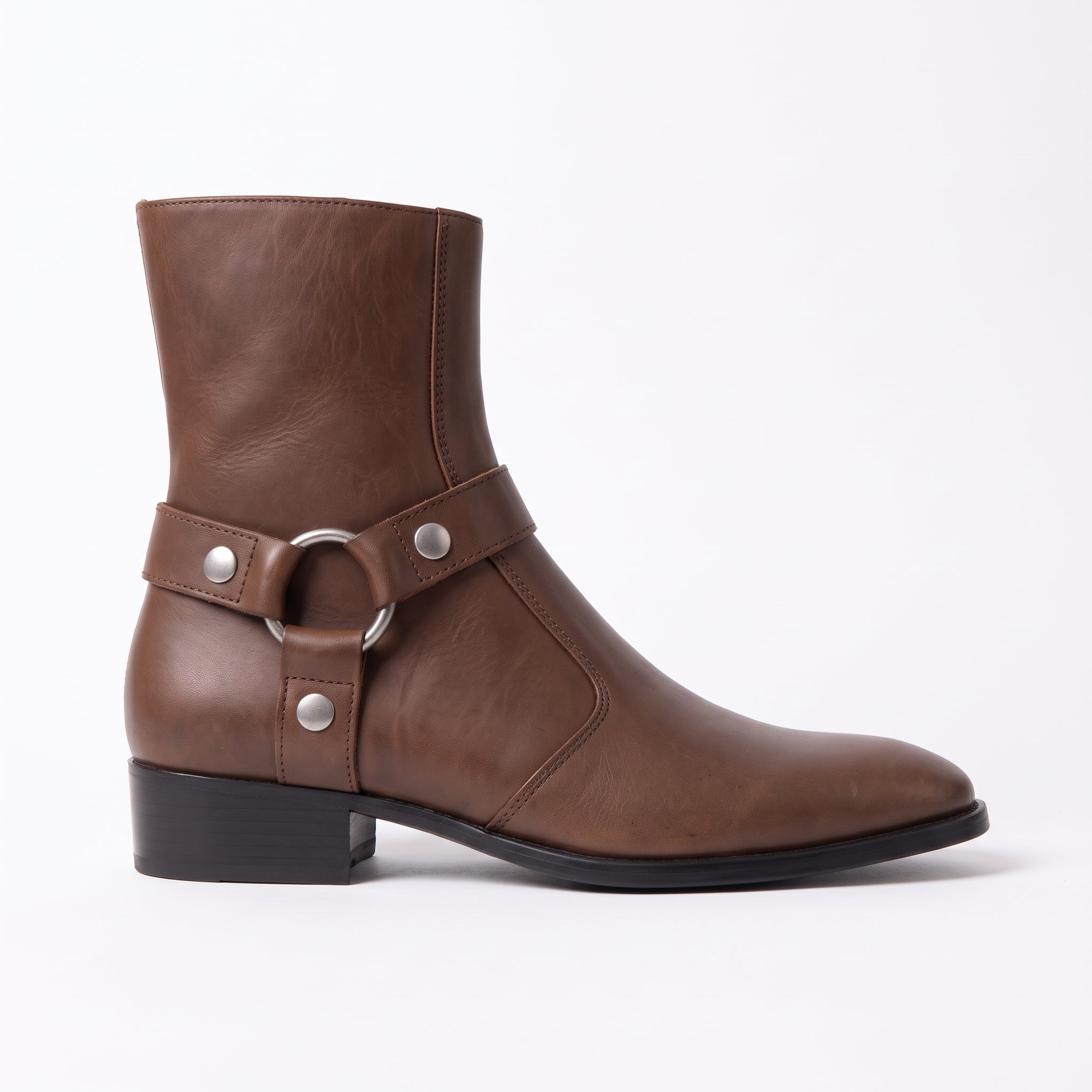 Men's Brown Plain-Toe Leather Zip Harness Boots — Barwood