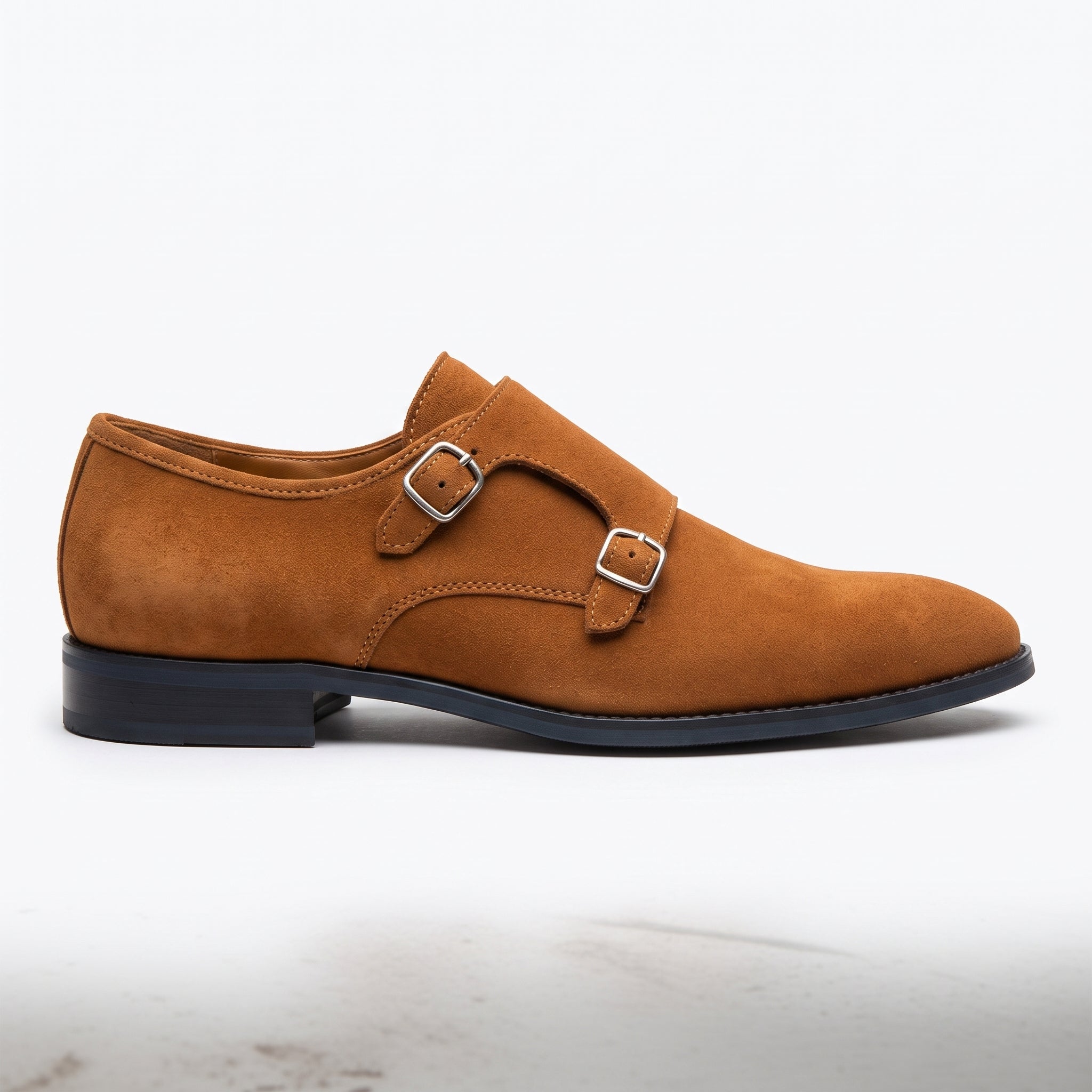 Men's Brown Plain-Toe Suede Double Monk Strap Shoes — Larkin — Larkin