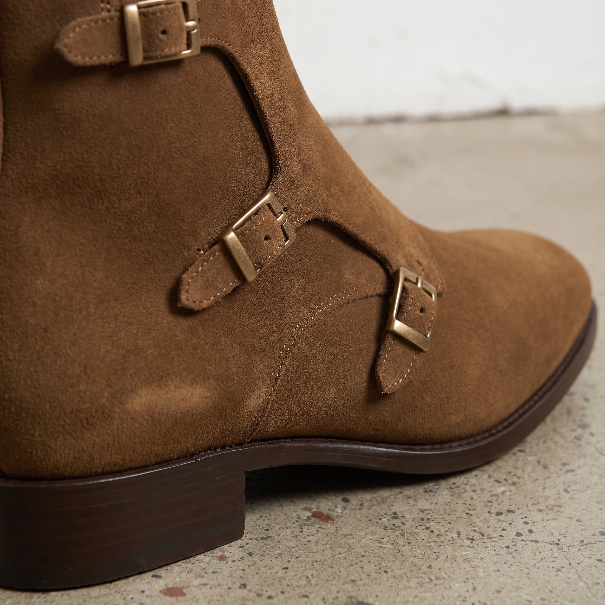 Men's Brown Plain-Toe Suede Triple Monk Boots — Hawley — Hawley