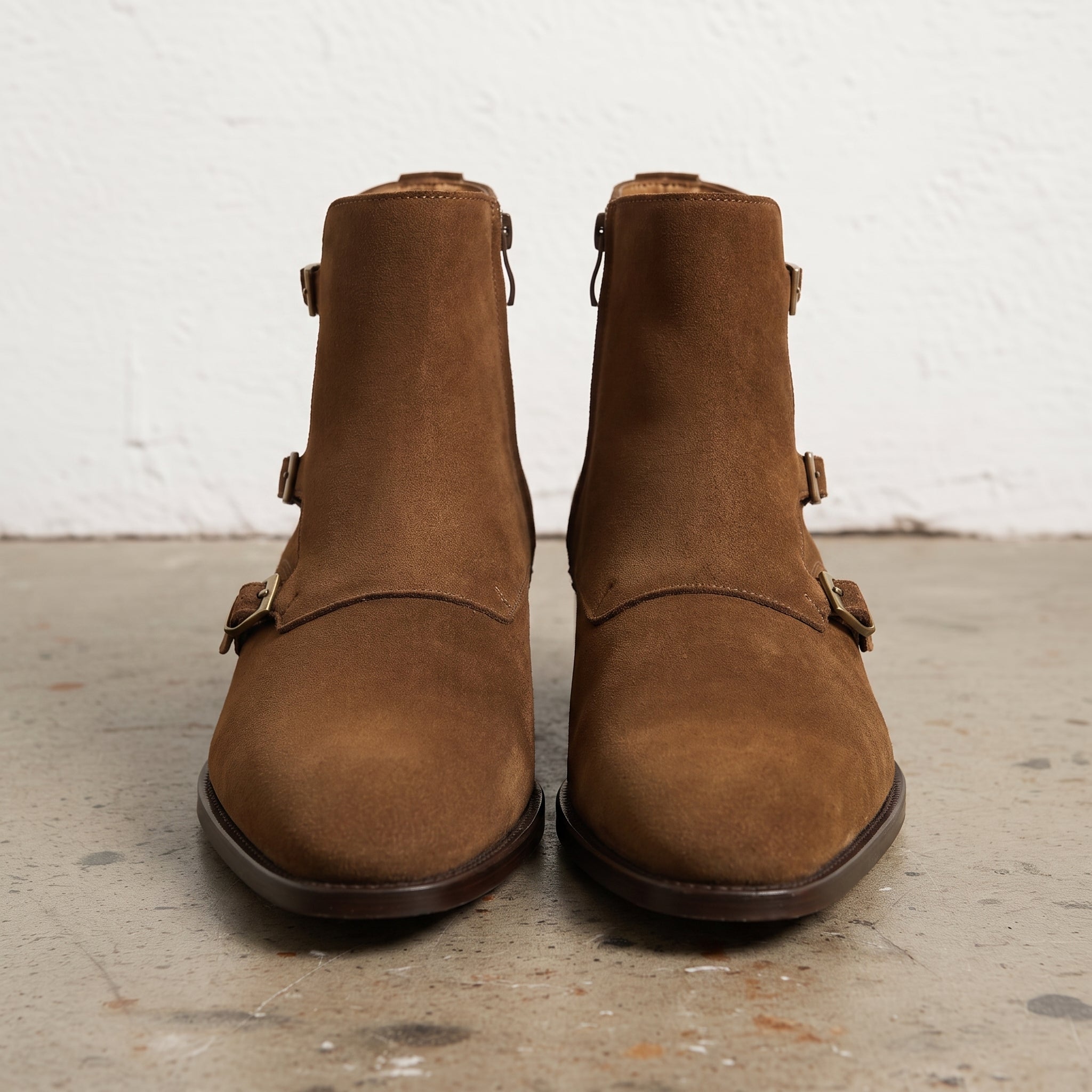 Men's Brown Plain-Toe Suede Triple Monk Boots — Hawley — Hawley