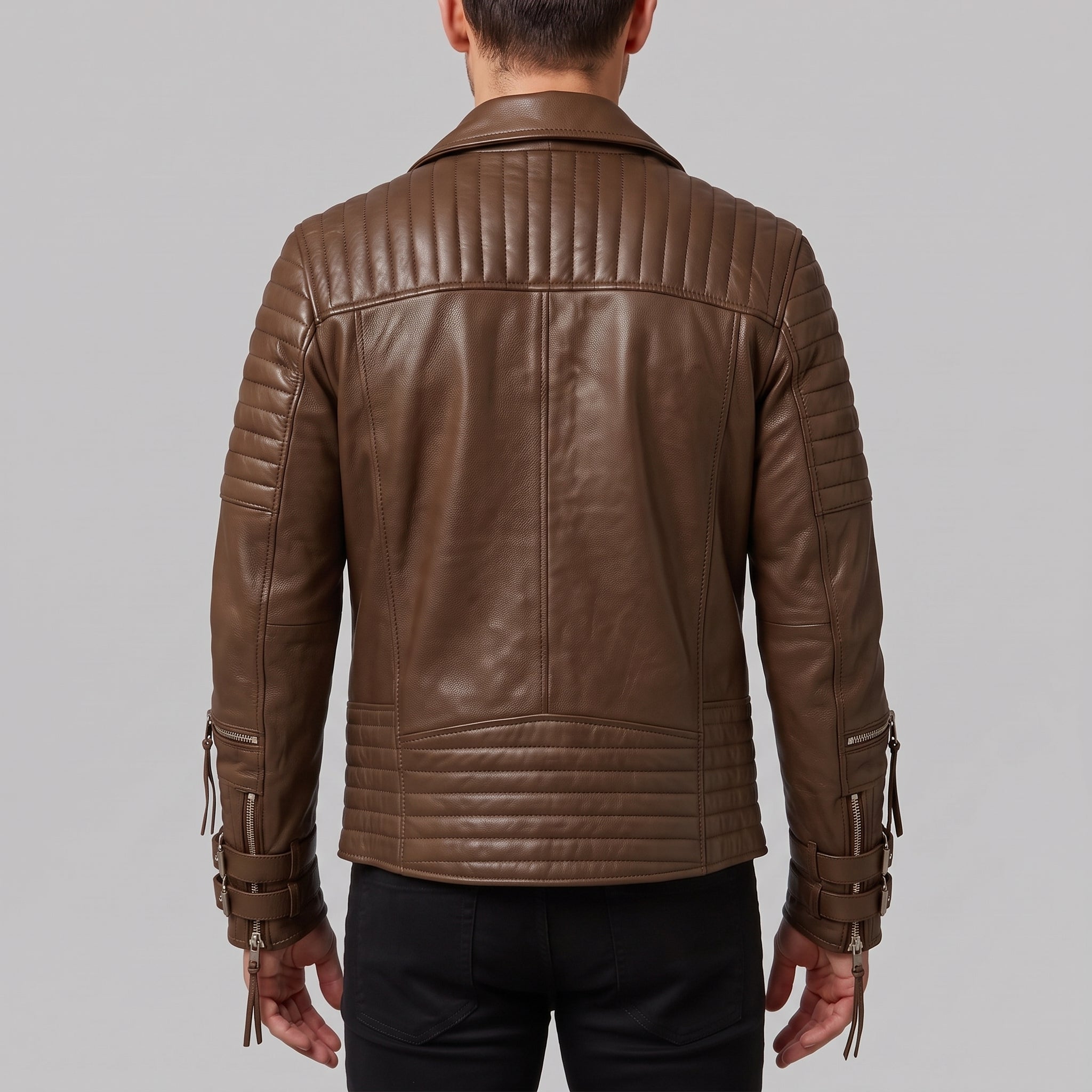 Men's Brown Quilted Leather Biker Jacket — Abbett