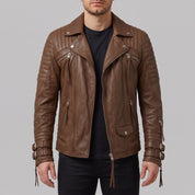 Men's Brown Quilted Leather Biker Jacket — Abbett