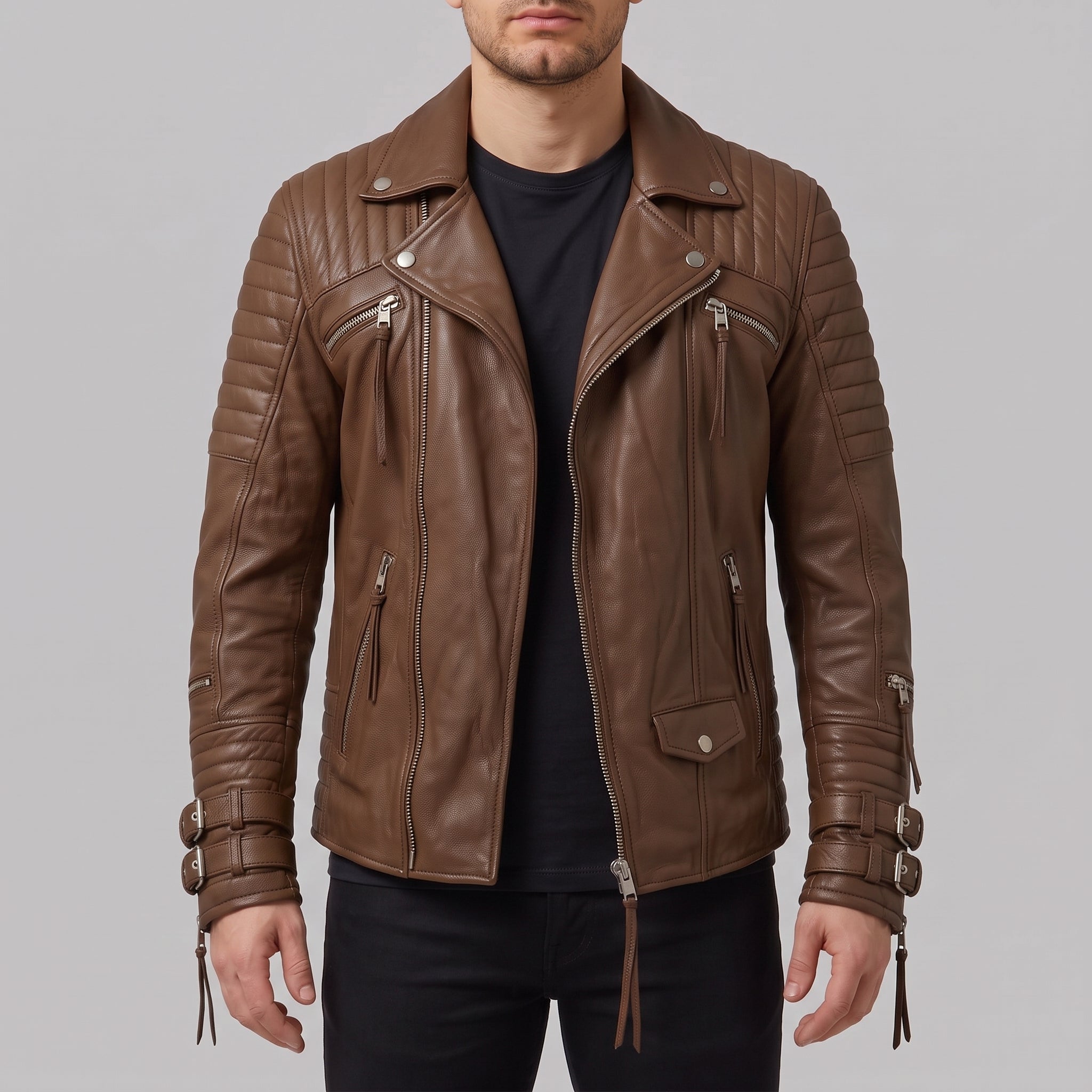 Men's Brown Quilted Leather Biker Jacket — Abbett