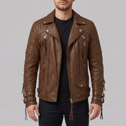 Men's Brown Quilted Leather Biker Jacket — Abbett