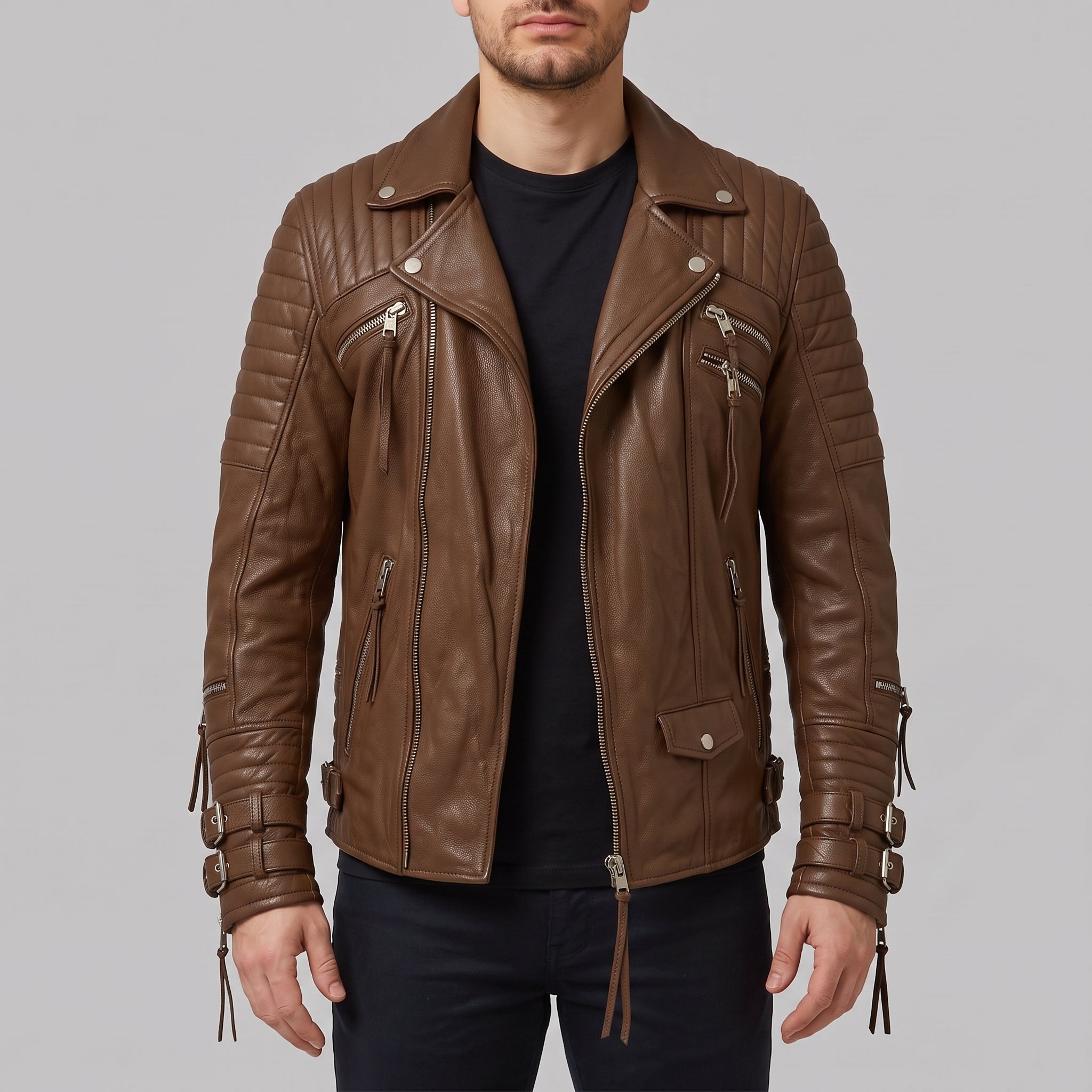 Men's Brown Quilted Leather Biker Jacket — Abbett