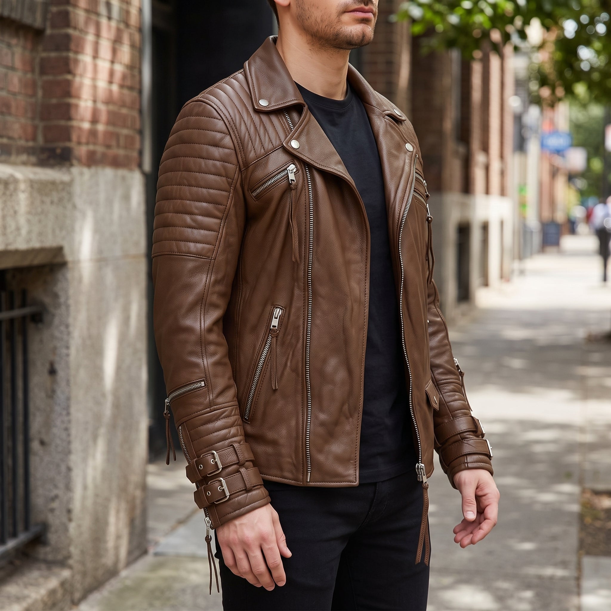 Men's Brown Quilted Leather Biker Jacket — Abbett