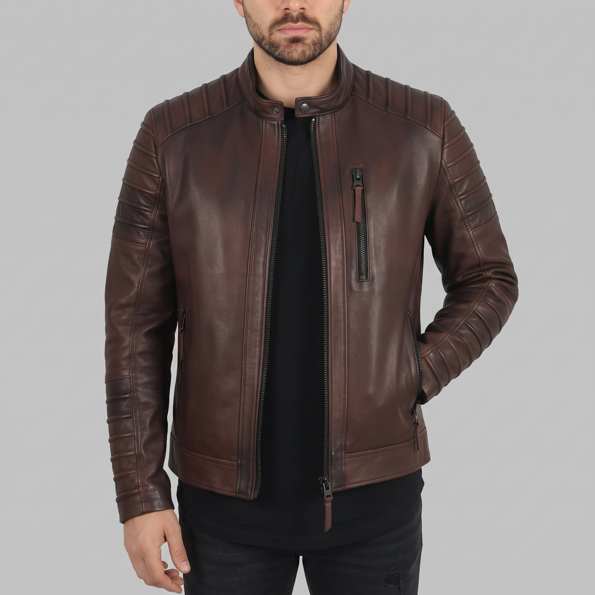 Men's Brown Quilted Leather Biker Jacket — Alcott