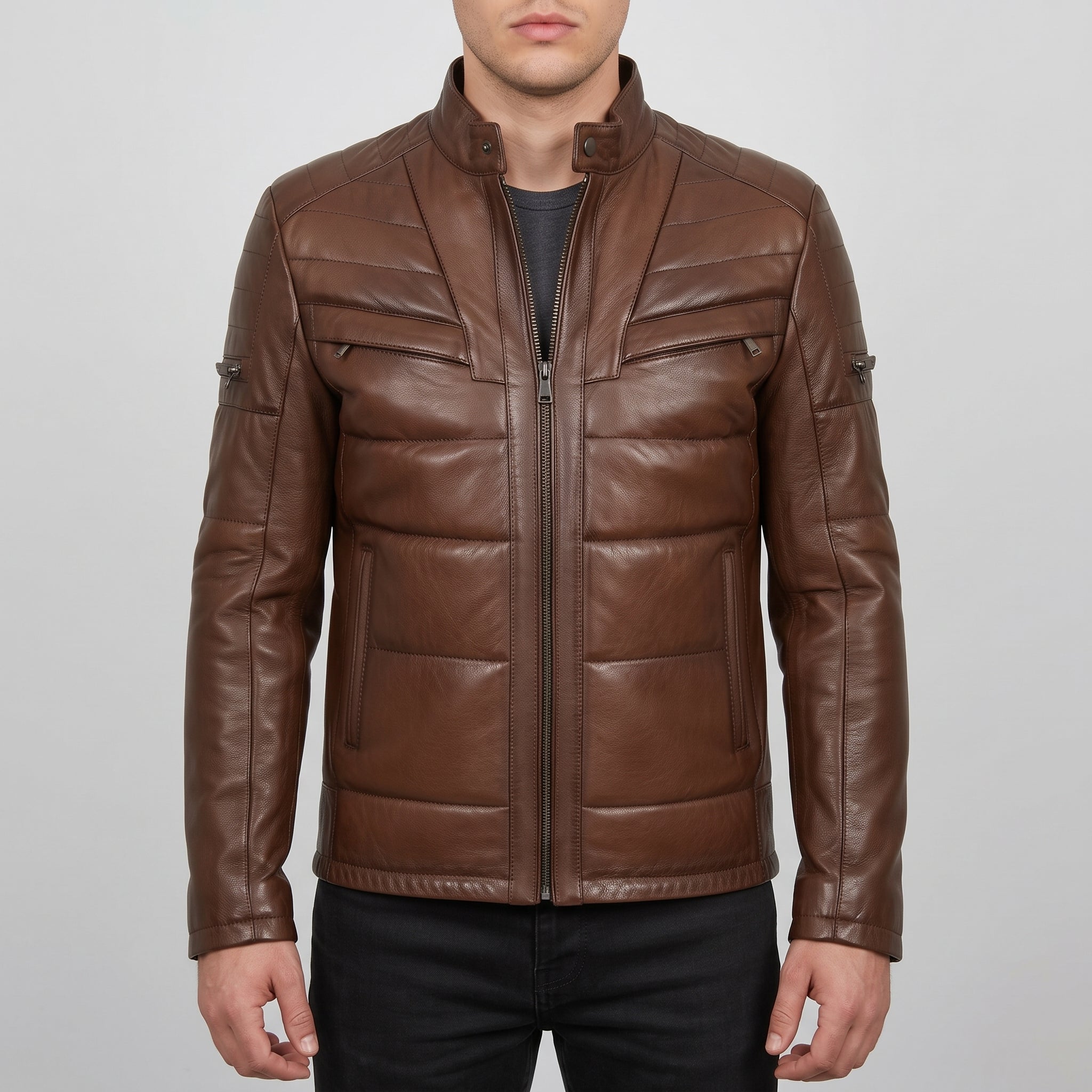 Men's Brown Quilted Leather Biker Jacket — Arlesford