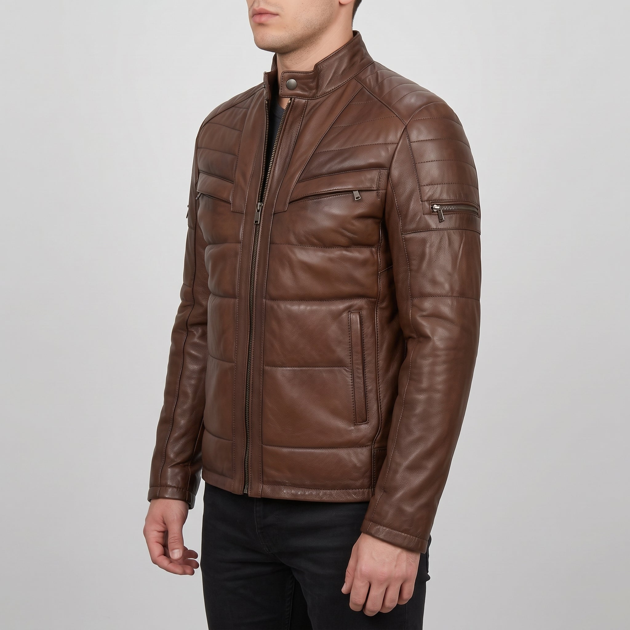 Men's Brown Quilted Leather Biker Jacket — Arlesford