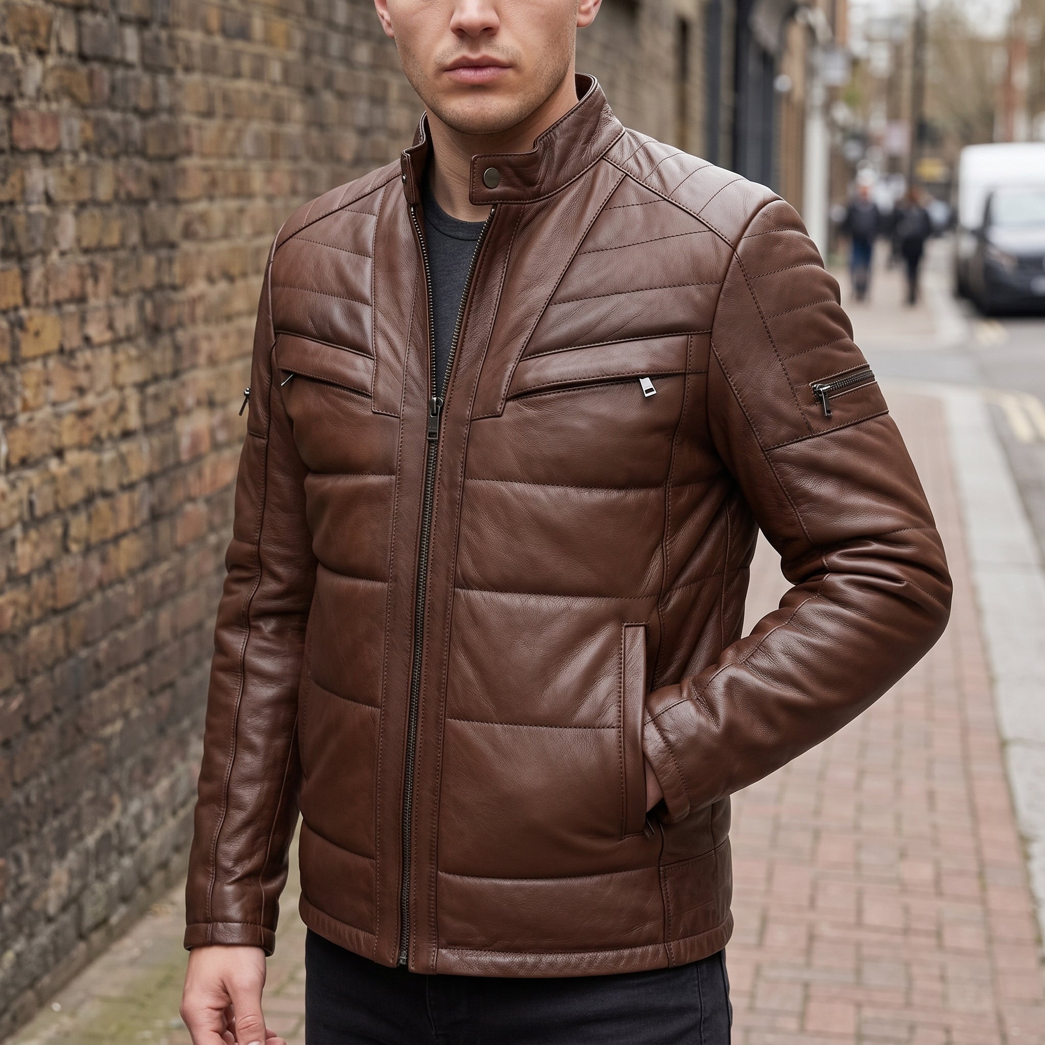 Men's Brown Quilted Leather Biker Jacket — Arlesford
