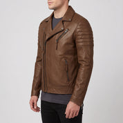 Men's Brown Quilted Leather Biker Jacket — Bevington
