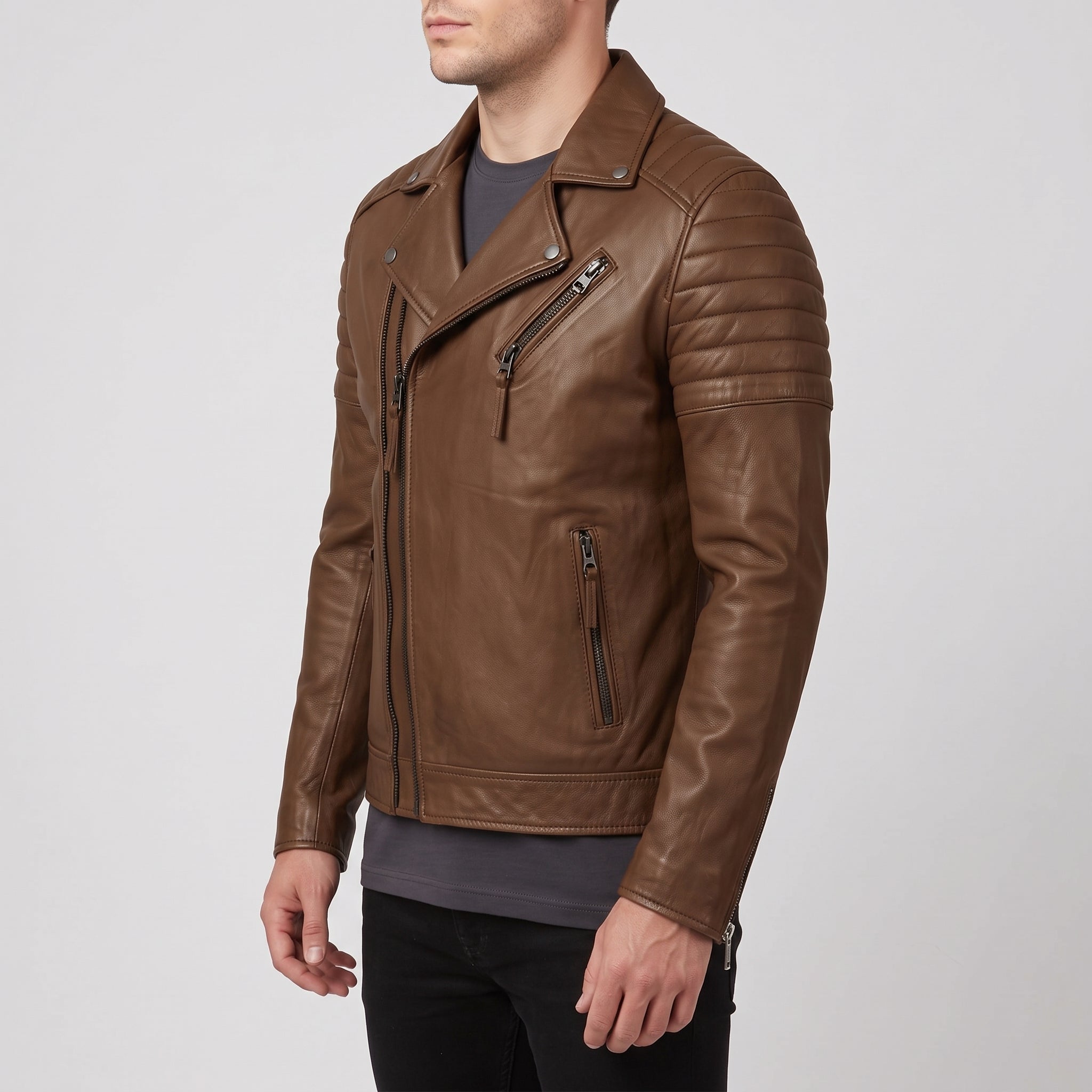 Men's Brown Quilted Leather Biker Jacket — Bevington