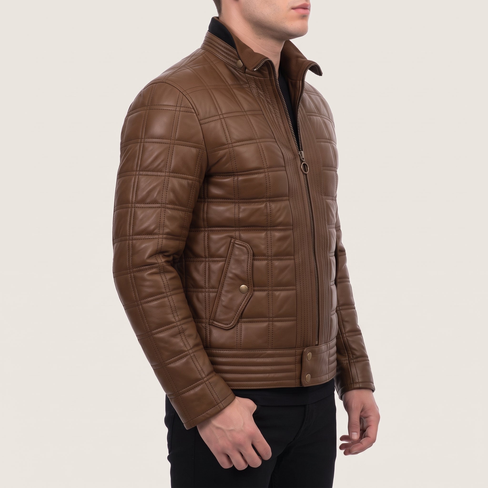 Men's Brown Quilted Leather Biker Jacket — Blayney