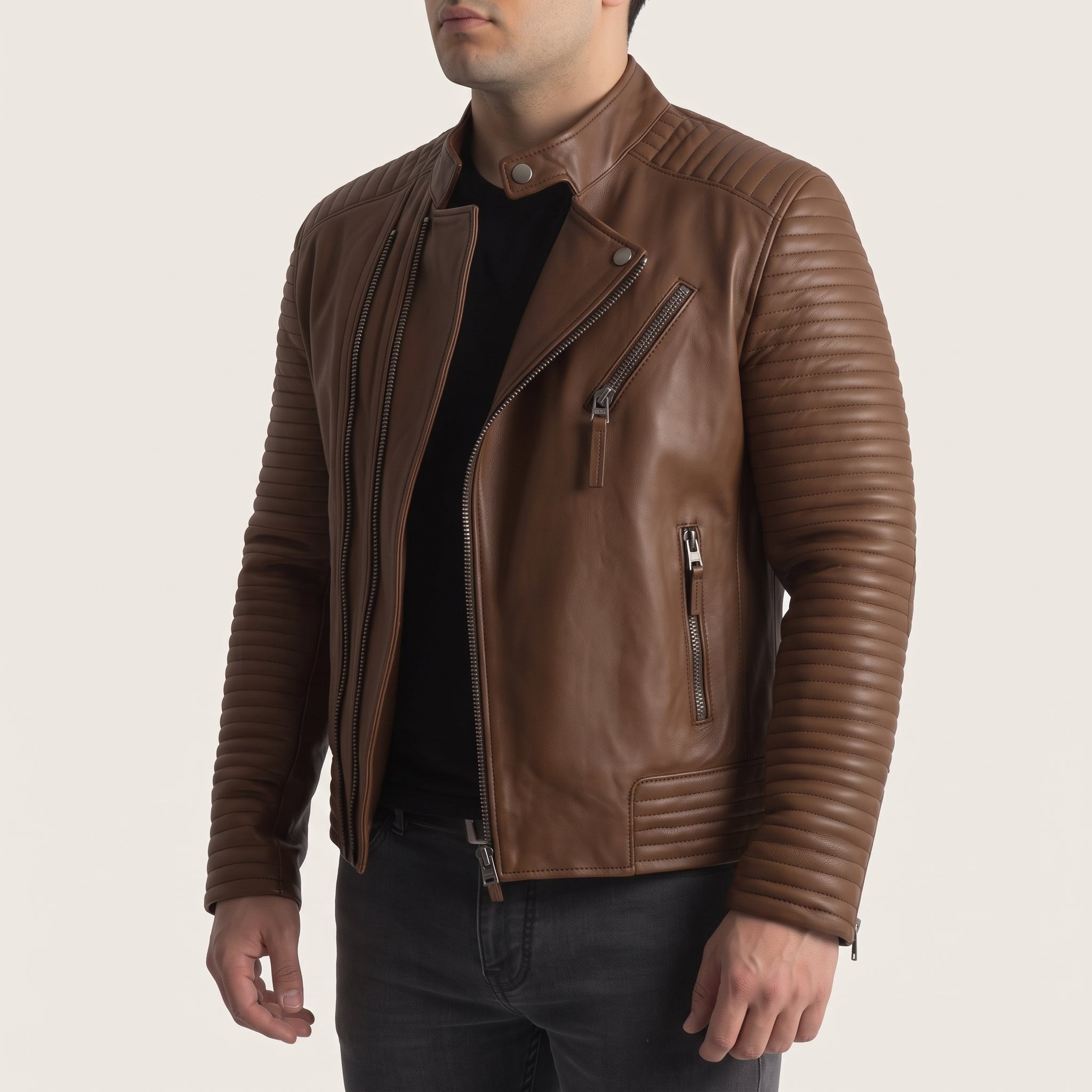 Men's Brown Quilted Leather Biker Jacket — Pilton